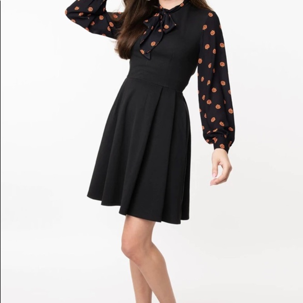 Smak Parlour Black & Pumpkin Print She.E.O. Fit & Flare Dress